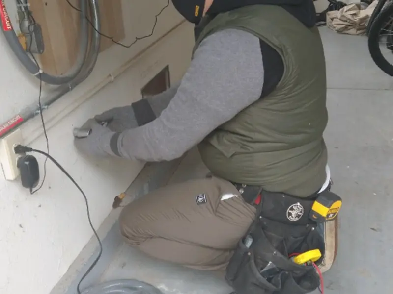 Electrician performing outlet wiring in a Southampton garage